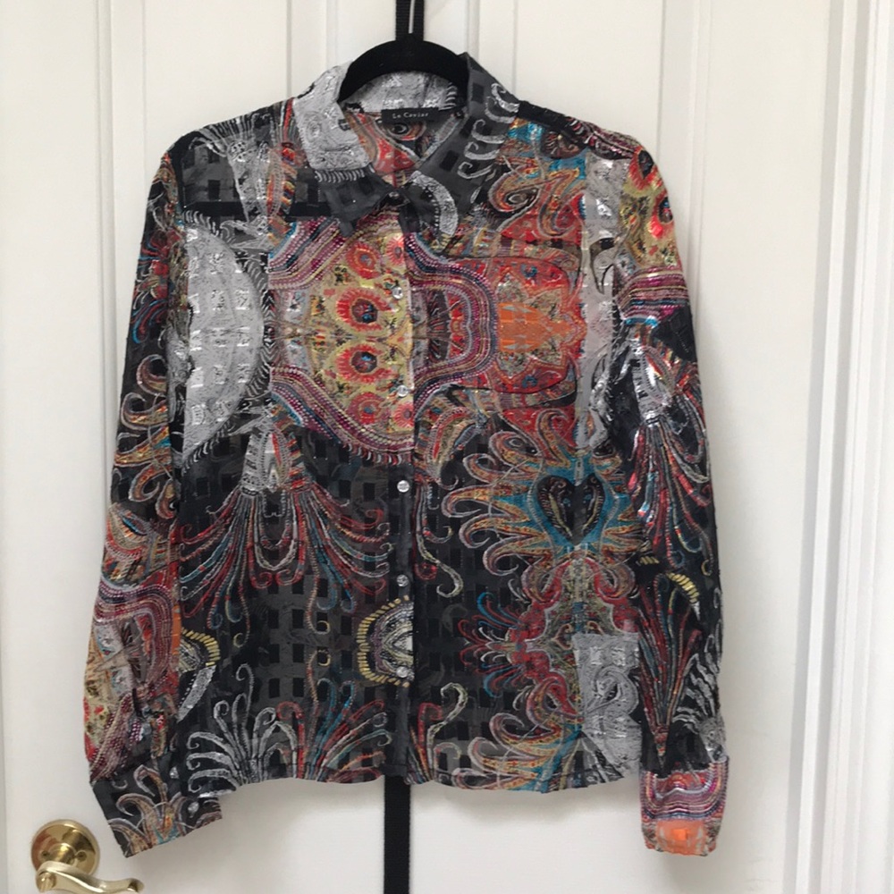 Le Caviar sheer multicolored blouse. Size L. - Picture 2 of 5
